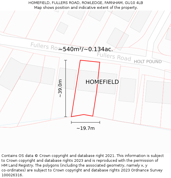 HOMEFIELD, FULLERS ROAD, ROWLEDGE, FARNHAM, GU10 4LB: Plot and title map