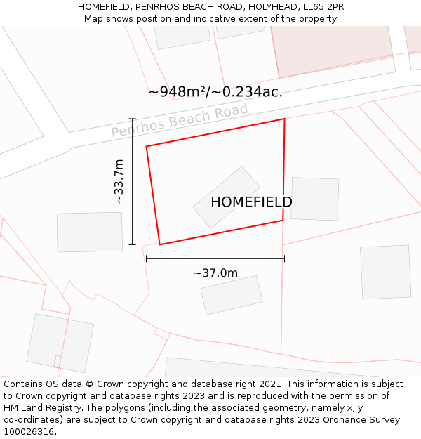 HOMEFIELD, PENRHOS BEACH ROAD, HOLYHEAD, LL65 2PR: Plot and title map