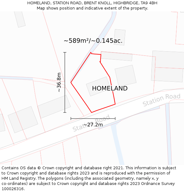 HOMELAND, STATION ROAD, BRENT KNOLL, HIGHBRIDGE, TA9 4BH: Plot and title map