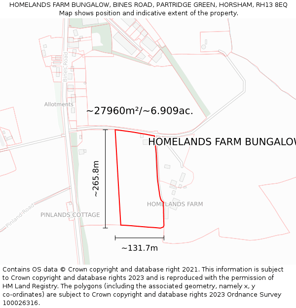 HOMELANDS FARM BUNGALOW, BINES ROAD, PARTRIDGE GREEN, HORSHAM, RH13 8EQ: Plot and title map