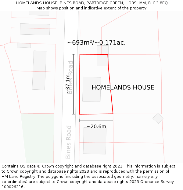 HOMELANDS HOUSE, BINES ROAD, PARTRIDGE GREEN, HORSHAM, RH13 8EQ: Plot and title map