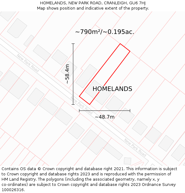 HOMELANDS, NEW PARK ROAD, CRANLEIGH, GU6 7HJ: Plot and title map