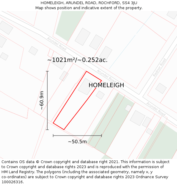 HOMELEIGH, ARUNDEL ROAD, ROCHFORD, SS4 3JU: Plot and title map