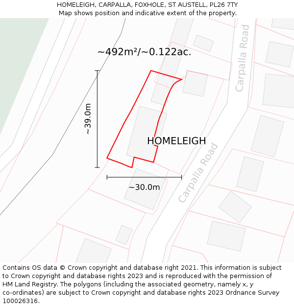 HOMELEIGH, CARPALLA, FOXHOLE, ST AUSTELL, PL26 7TY: Plot and title map