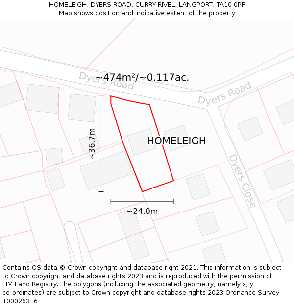 HOMELEIGH, DYERS ROAD, CURRY RIVEL, LANGPORT, TA10 0PR: Plot and title map