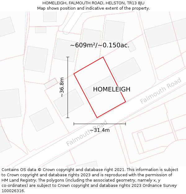 HOMELEIGH, FALMOUTH ROAD, HELSTON, TR13 8JU: Plot and title map