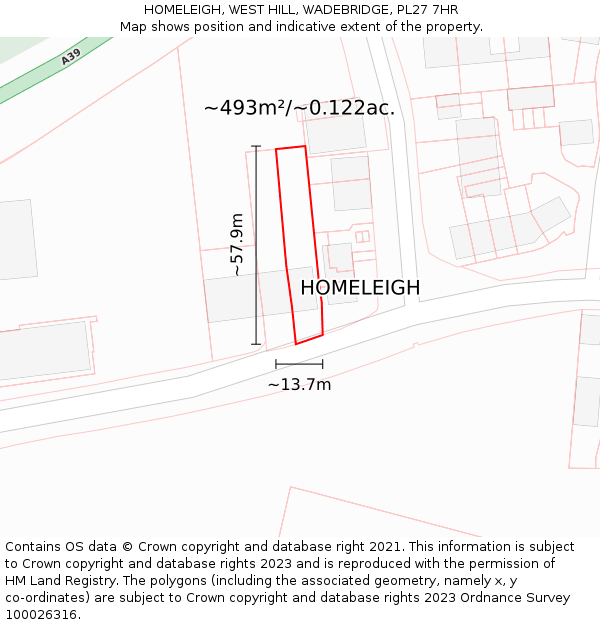 HOMELEIGH, WEST HILL, WADEBRIDGE, PL27 7HR: Plot and title map