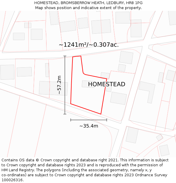 HOMESTEAD, BROMSBERROW HEATH, LEDBURY, HR8 1PG: Plot and title map