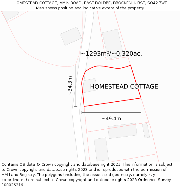 HOMESTEAD COTTAGE, MAIN ROAD, EAST BOLDRE, BROCKENHURST, SO42 7WT: Plot and title map
