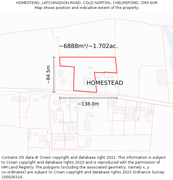 HOMESTEAD, LATCHINGDON ROAD, COLD NORTON, CHELMSFORD, CM3 6HR: Plot and title map