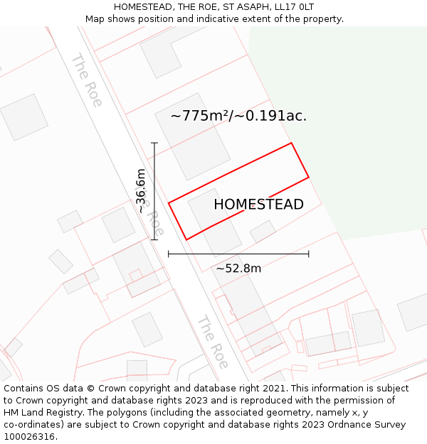 HOMESTEAD, THE ROE, ST ASAPH, LL17 0LT: Plot and title map
