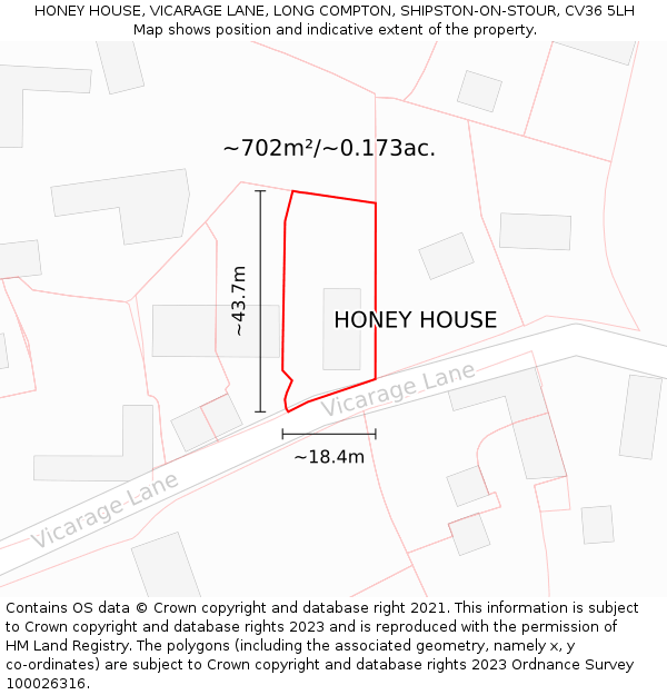 HONEY HOUSE, VICARAGE LANE, LONG COMPTON, SHIPSTON-ON-STOUR, CV36 5LH: Plot and title map