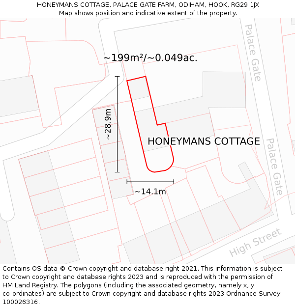 HONEYMANS COTTAGE, PALACE GATE FARM, ODIHAM, HOOK, RG29 1JX: Plot and title map