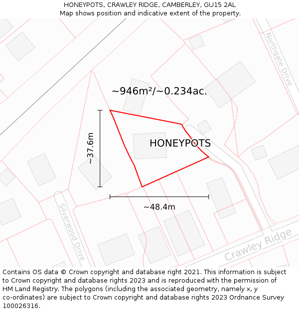 HONEYPOTS, CRAWLEY RIDGE, CAMBERLEY, GU15 2AL: Plot and title map