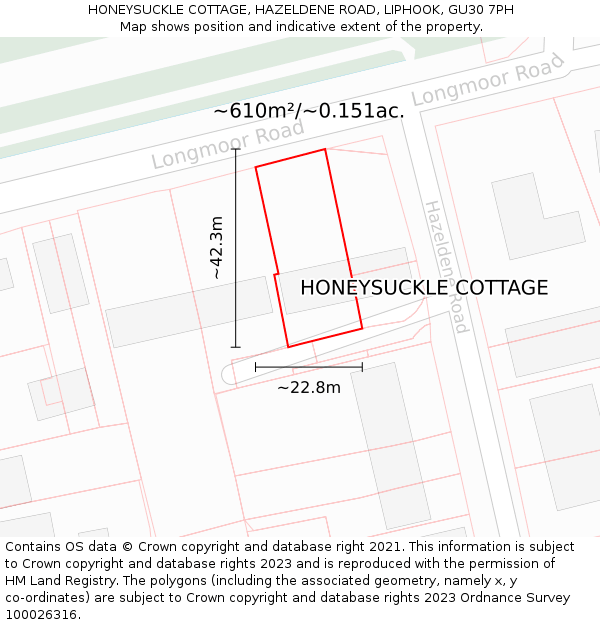 HONEYSUCKLE COTTAGE, HAZELDENE ROAD, LIPHOOK, GU30 7PH: Plot and title map