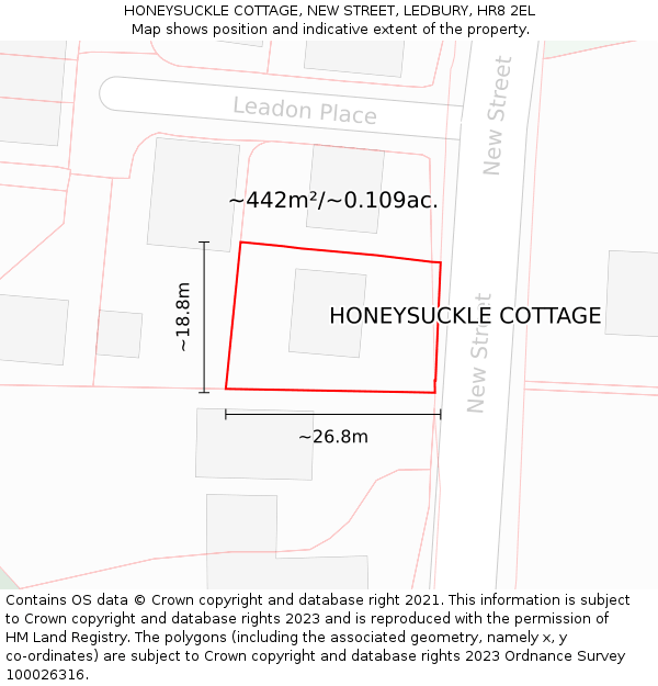 HONEYSUCKLE COTTAGE, NEW STREET, LEDBURY, HR8 2EL: Plot and title map