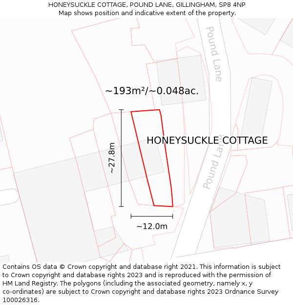 HONEYSUCKLE COTTAGE, POUND LANE, GILLINGHAM, SP8 4NP: Plot and title map