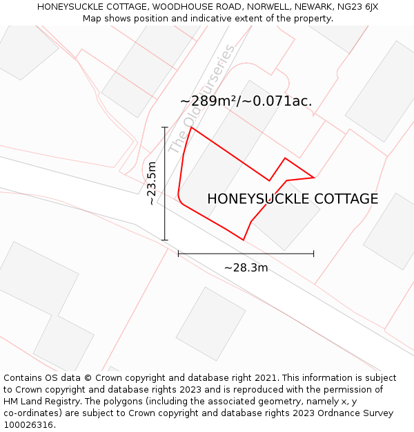 HONEYSUCKLE COTTAGE, WOODHOUSE ROAD, NORWELL, NEWARK, NG23 6JX: Plot and title map