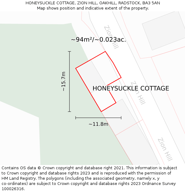 HONEYSUCKLE COTTAGE, ZION HILL, OAKHILL, RADSTOCK, BA3 5AN: Plot and title map