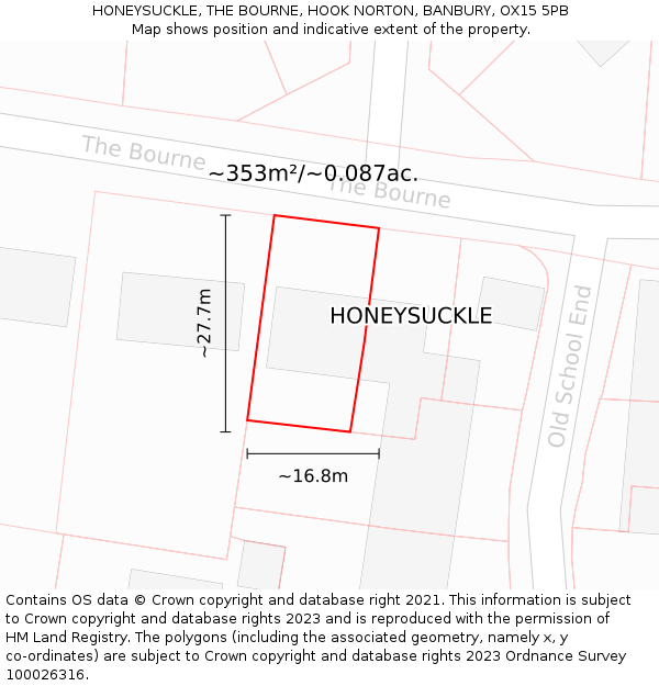 HONEYSUCKLE, THE BOURNE, HOOK NORTON, BANBURY, OX15 5PB: Plot and title map