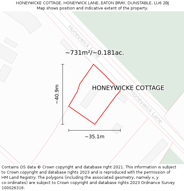 HONEYWICKE COTTAGE, HONEYWICK LANE, EATON BRAY, DUNSTABLE, LU6 2BJ: Plot and title map