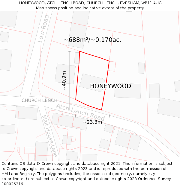 HONEYWOOD, ATCH LENCH ROAD, CHURCH LENCH, EVESHAM, WR11 4UG: Plot and title map