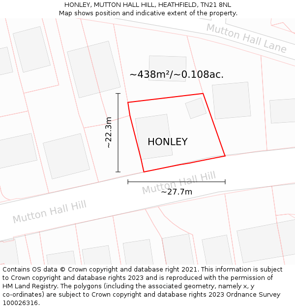 HONLEY, MUTTON HALL HILL, HEATHFIELD, TN21 8NL: Plot and title map