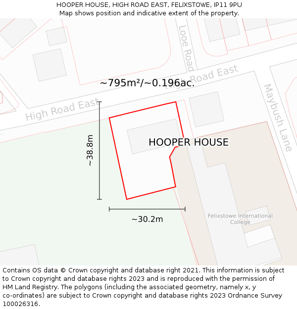 HOOPER HOUSE, HIGH ROAD EAST, FELIXSTOWE, IP11 9PU: Plot and title map