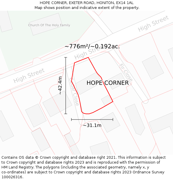 HOPE CORNER, EXETER ROAD, HONITON, EX14 1AL: Plot and title map