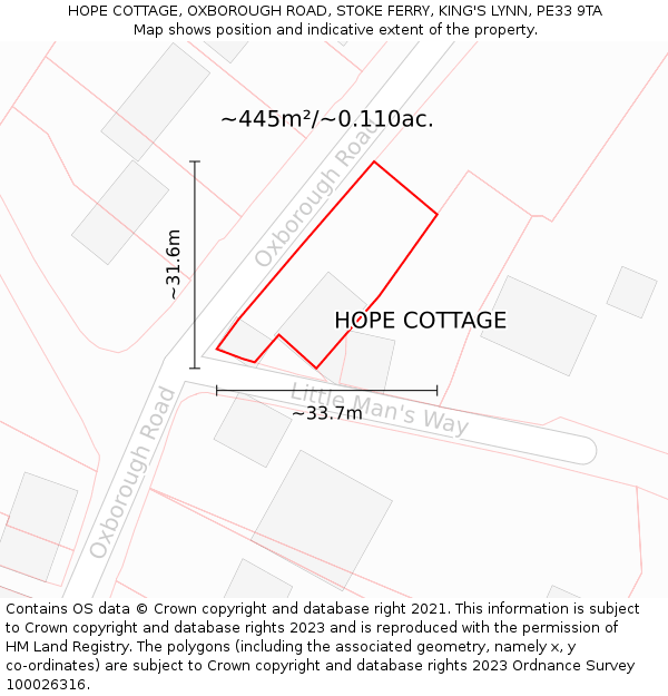 HOPE COTTAGE, OXBOROUGH ROAD, STOKE FERRY, KING'S LYNN, PE33 9TA: Plot and title map