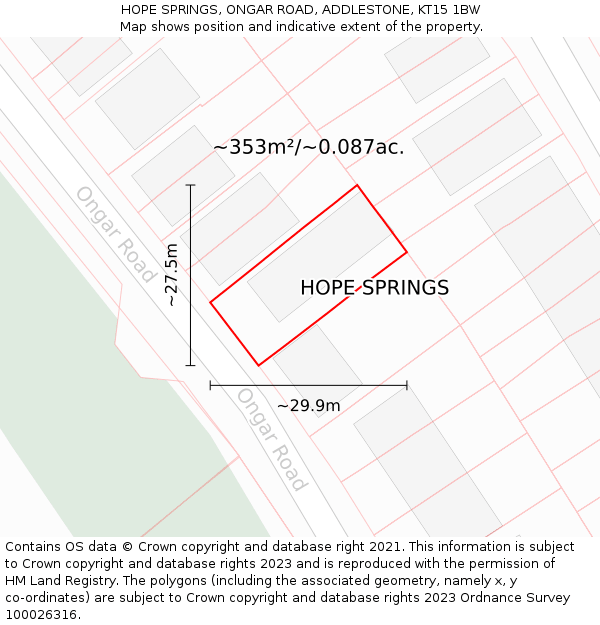 HOPE SPRINGS, ONGAR ROAD, ADDLESTONE, KT15 1BW: Plot and title map