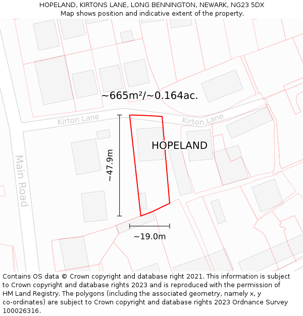 HOPELAND, KIRTONS LANE, LONG BENNINGTON, NEWARK, NG23 5DX: Plot and title map