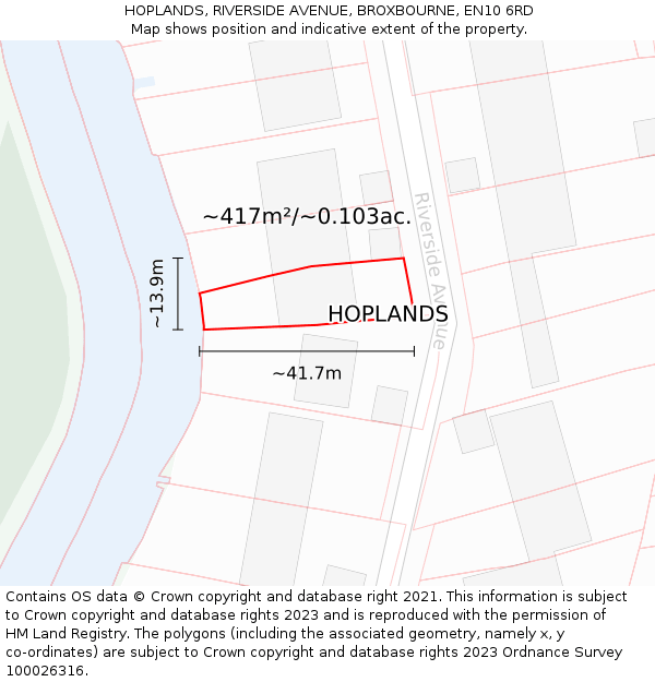 HOPLANDS, RIVERSIDE AVENUE, BROXBOURNE, EN10 6RD: Plot and title map