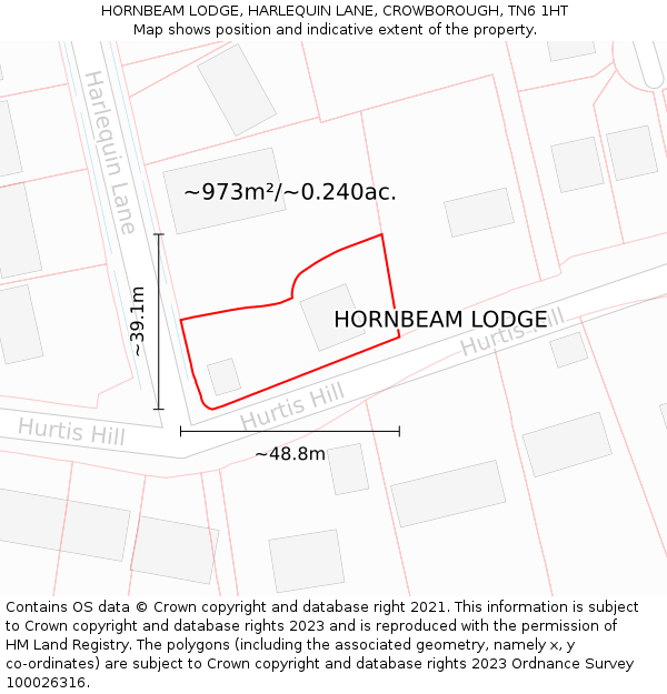 HORNBEAM LODGE, HARLEQUIN LANE, CROWBOROUGH, TN6 1HT: Plot and title map