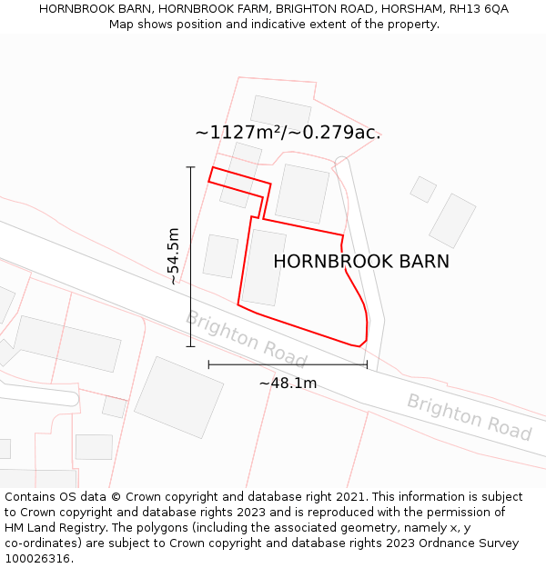 HORNBROOK BARN, HORNBROOK FARM, BRIGHTON ROAD, HORSHAM, RH13 6QA: Plot and title map