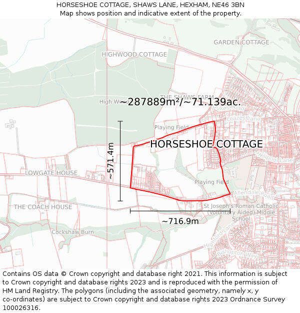 HORSESHOE COTTAGE, SHAWS LANE, HEXHAM, NE46 3BN: Plot and title map