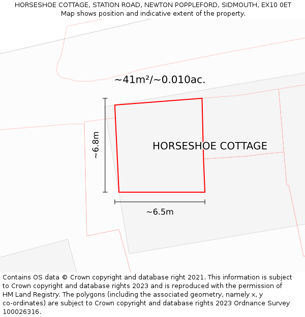 HORSESHOE COTTAGE, STATION ROAD, NEWTON POPPLEFORD, SIDMOUTH, EX10 0ET: Plot and title map