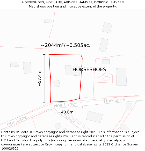 HORSESHOES, HOE LANE, ABINGER HAMMER, DORKING, RH5 6RS: Plot and title map