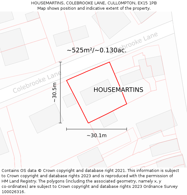 HOUSEMARTINS, COLEBROOKE LANE, CULLOMPTON, EX15 1PB: Plot and title map