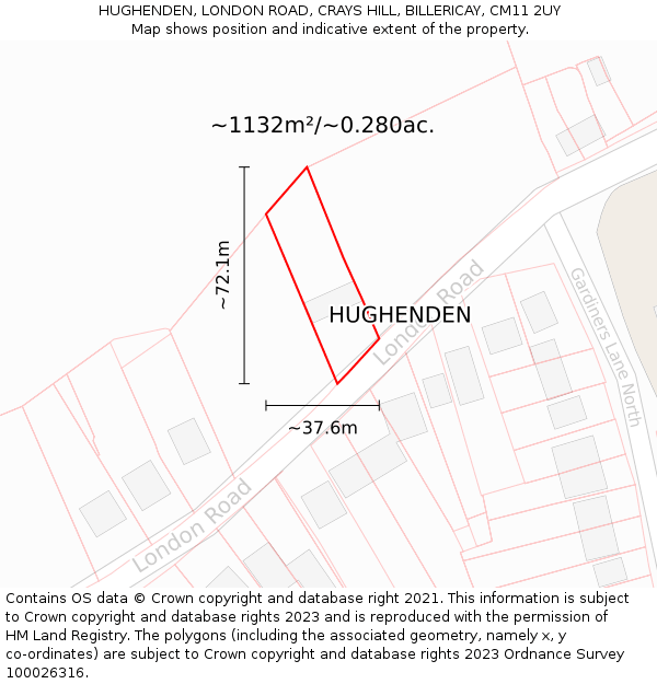 HUGHENDEN, LONDON ROAD, CRAYS HILL, BILLERICAY, CM11 2UY: Plot and title map