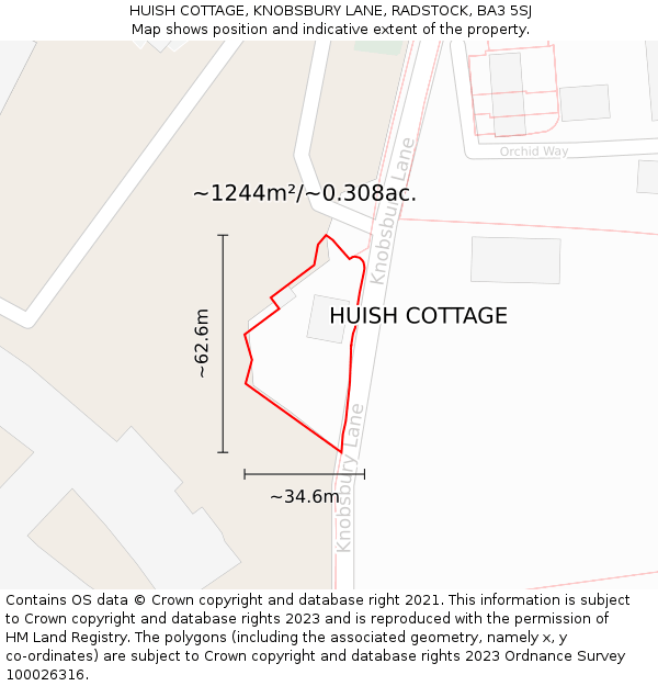 HUISH COTTAGE, KNOBSBURY LANE, RADSTOCK, BA3 5SJ: Plot and title map