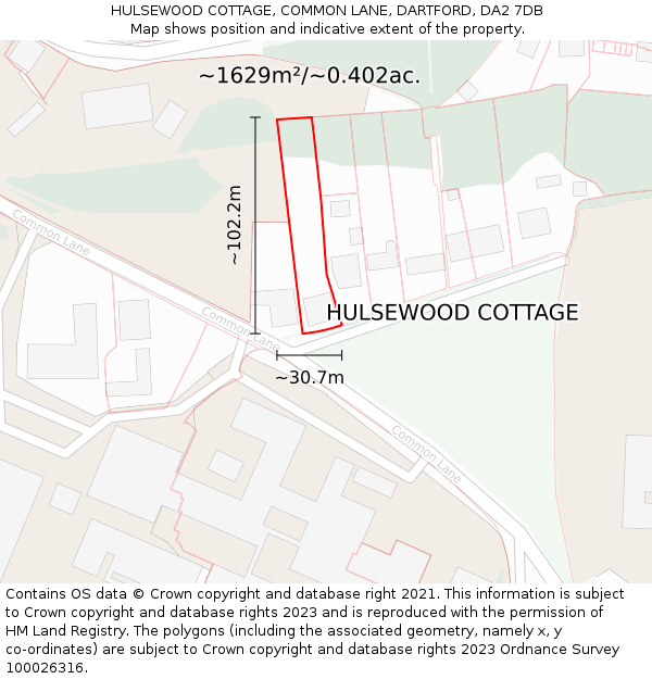 HULSEWOOD COTTAGE, COMMON LANE, DARTFORD, DA2 7DB: Plot and title map