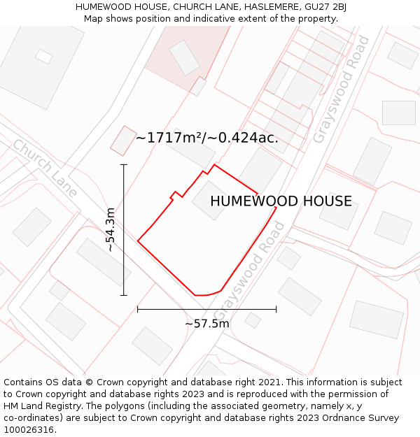 HUMEWOOD HOUSE, CHURCH LANE, HASLEMERE, GU27 2BJ: Plot and title map