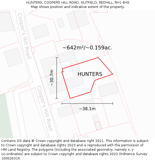 HUNTERS, COOPERS HILL ROAD, NUTFIELD, REDHILL, RH1 4HS: Plot and title map