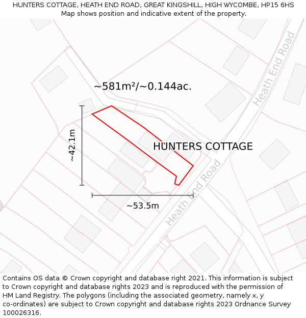 HUNTERS COTTAGE, HEATH END ROAD, GREAT KINGSHILL, HIGH WYCOMBE, HP15 6HS: Plot and title map