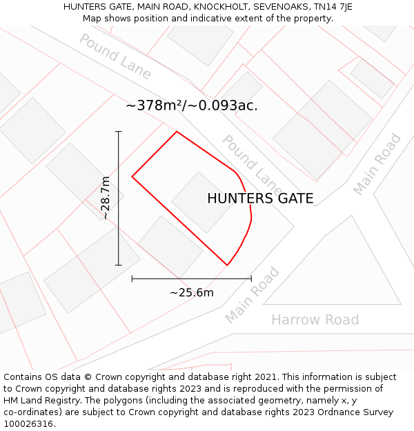 HUNTERS GATE, MAIN ROAD, KNOCKHOLT, SEVENOAKS, TN14 7JE: Plot and title map