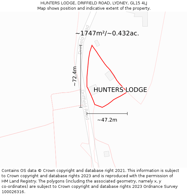 HUNTERS LODGE, DRIFFIELD ROAD, LYDNEY, GL15 4LJ: Plot and title map