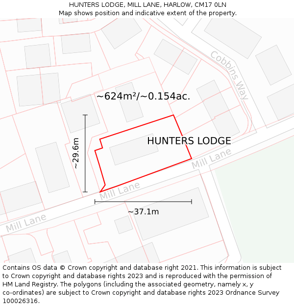 HUNTERS LODGE, MILL LANE, HARLOW, CM17 0LN: Plot and title map