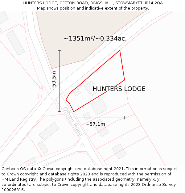 HUNTERS LODGE, OFFTON ROAD, RINGSHALL, STOWMARKET, IP14 2QA: Plot and title map