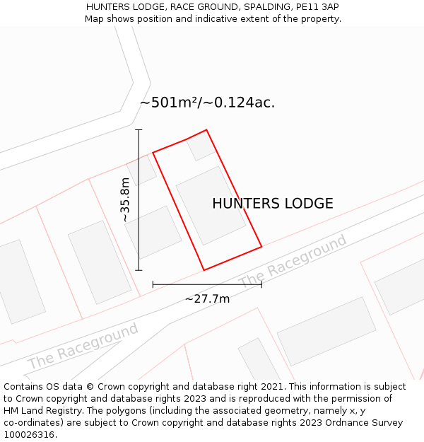 HUNTERS LODGE, RACE GROUND, SPALDING, PE11 3AP: Plot and title map